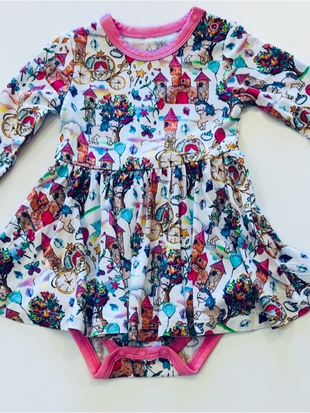 Baby Unicorn & Castle Long Sleeve One-Piece Dress Bamboo Bodysuit - Pink Trim